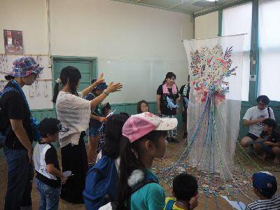 部屋の中に作品が飾られた作品を女性が参加者の大人と子供に説明している写真