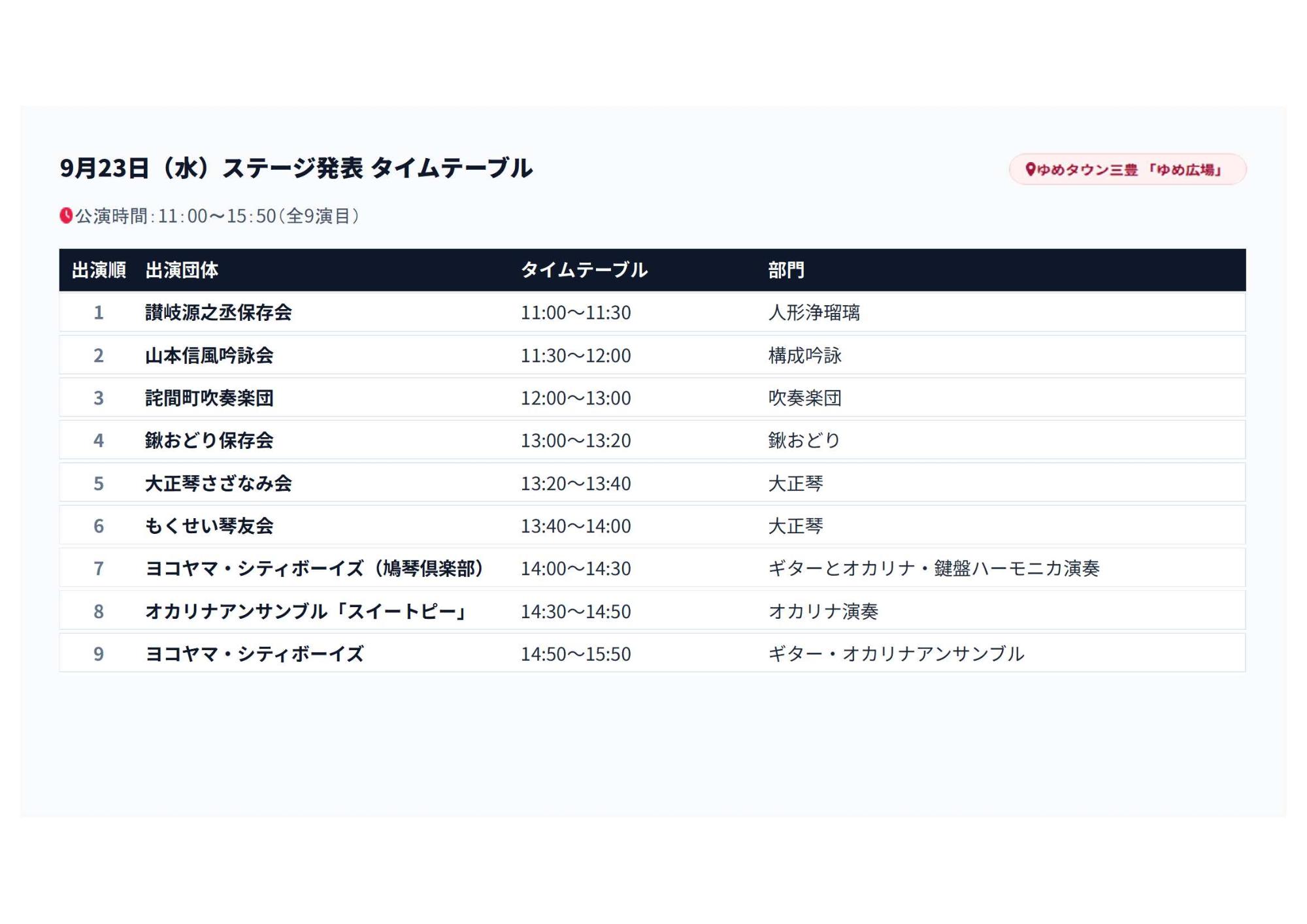 ステージ発表タイムスケジュール9月23日