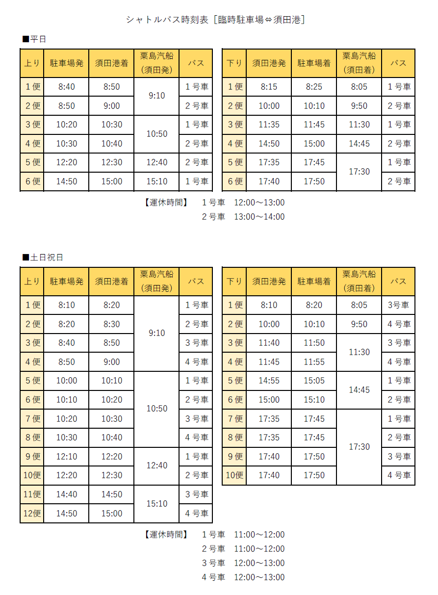 経面臨時駐車場と須田港のシャトルバス時刻業