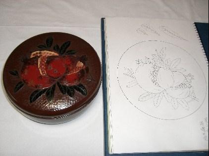 左側に花の絵が描かれた茶色を基調とした菓子器と、右側に紙に書かれた図案の写真