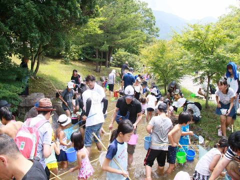 香川用水記念公園の池で魚のすくい取りを親子で楽しんでいる人たちの写真