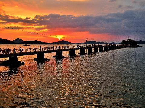 島に囲まれた津嶋神社へ橋を渡って向かう人々の写真