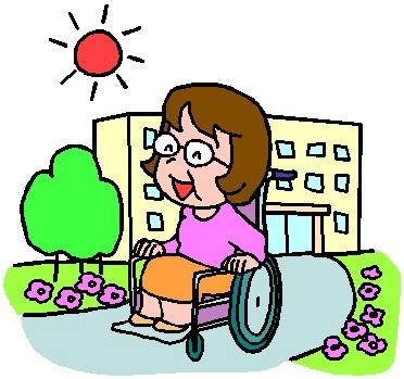 太陽が出ている下、眼鏡をかけた女性が車いすに乗って一人で施設の庭を散策しているイラスト