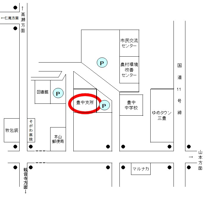 三豊市豊中町保健センター付近の地図の画像