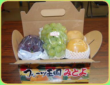 フルーツ王国みとよと書かれているフルーツボックスを開けてブドウやマスカット、梨を2個入れた状態の写真