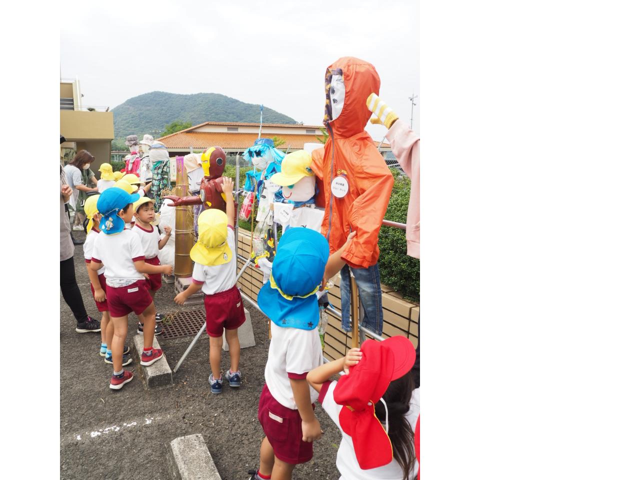 案山子を見学する園児たち