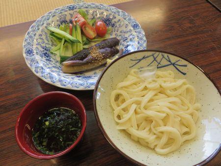 茄子、きゅうり、トマト、お吸い物、冷やしうどんが飾られている写真