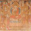 左右に合掌する六菩薩、上部には十六羅漢が描かれている長寿院釈迦六大菩薩十六羅漢図